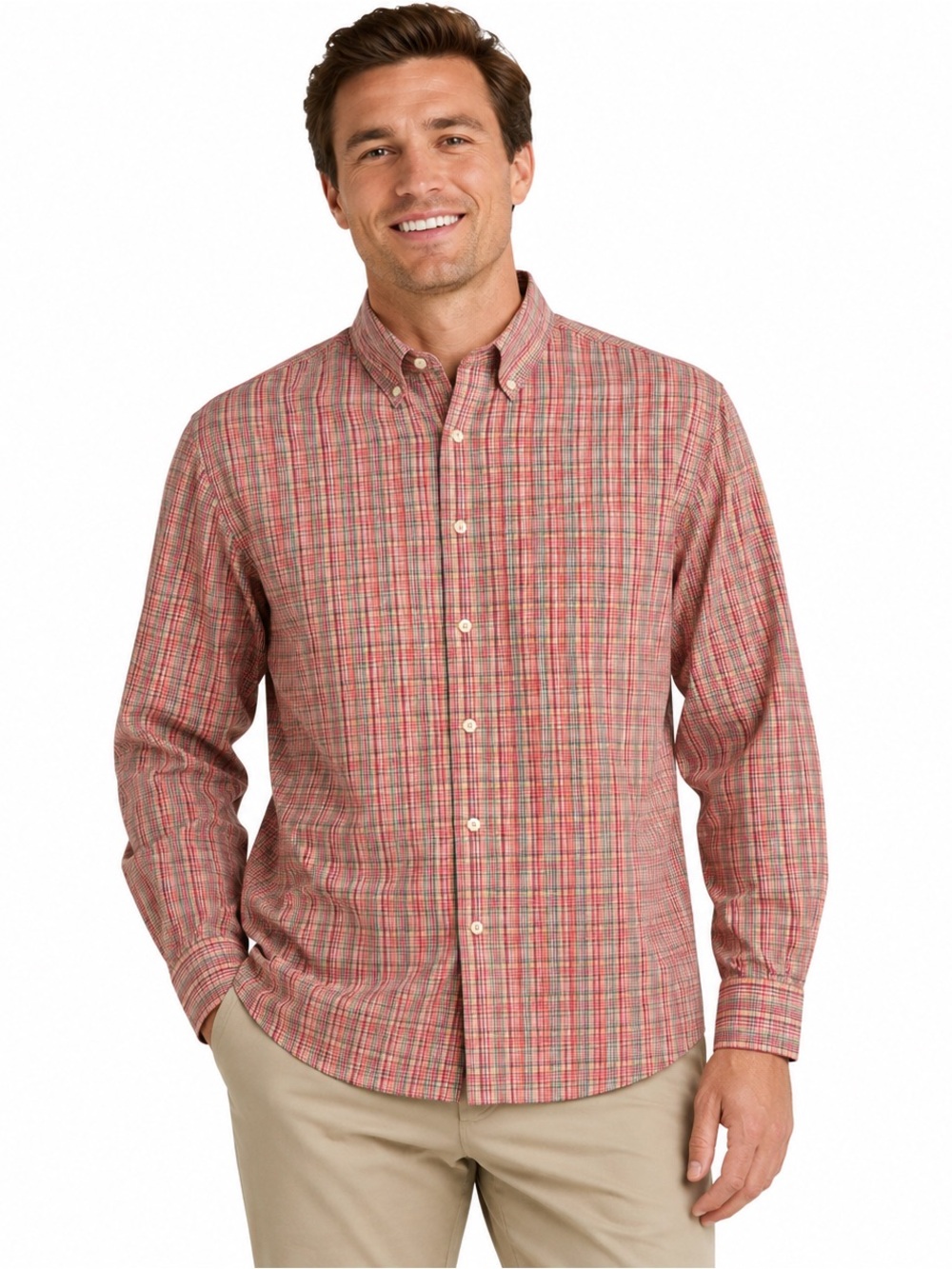 Alan Flusser Mens L Pink Plaid Button Down Shirt Cotton Long Sleeve Classic